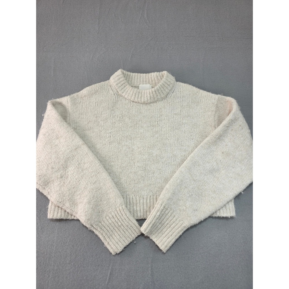H&M Womens Cropped Knit Sweater Oatmeal Beige Mock Neck Marl Size M